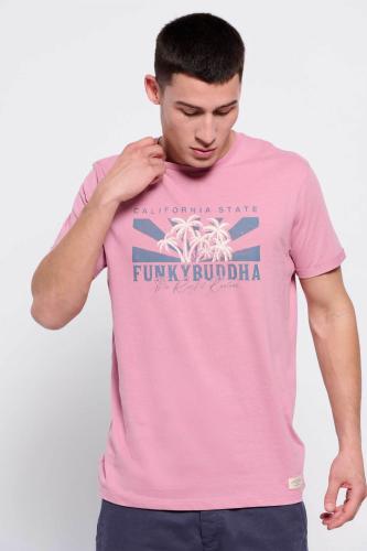 Funky Buddha ανδρικό βαμβακερό T-shirt μονόχρωμο με vintage-look logo print μπροστά - FBM007-040-04 Ροζ